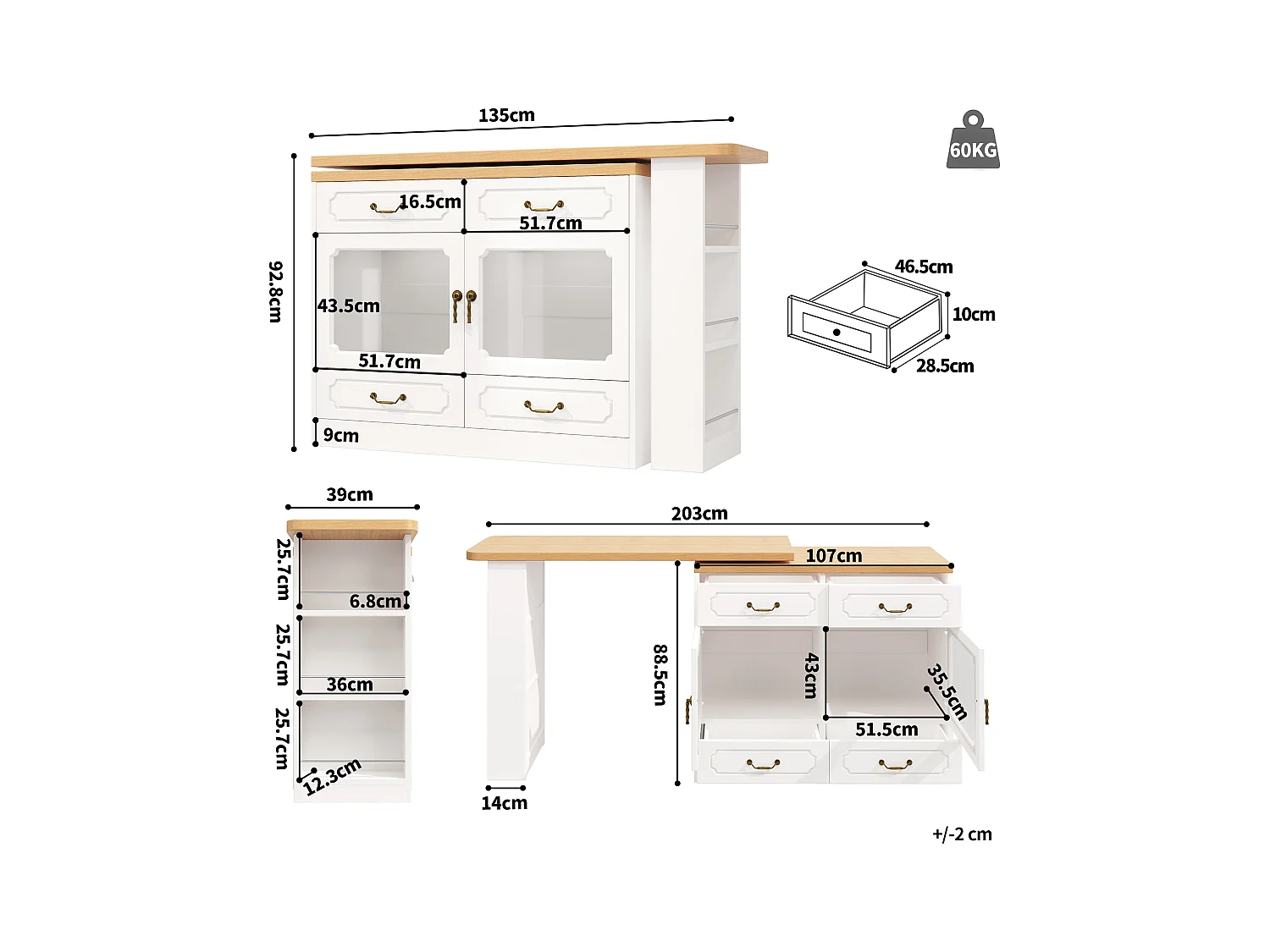 Meuble de bar extensible - 135/203 x 39 x 92.8 cm - table rotative avec Leds + 4 tiroirs - MDF - blanc