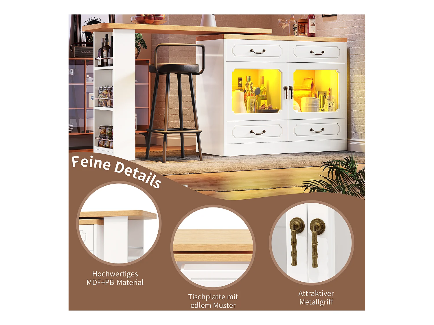 Meuble de bar extensible - 135/203 x 39 x 92.8 cm - table rotative avec Leds + 4 tiroirs - MDF - blanc