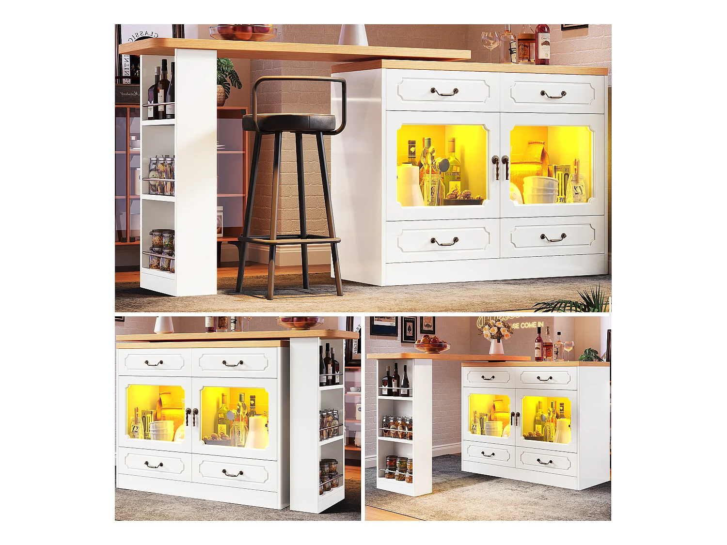 Ausziehbarer Barschrank - 135/203 x 39 x 92,8 cm - Drehtisch mit LEDs + 4 Schubladen - MDF - weiß