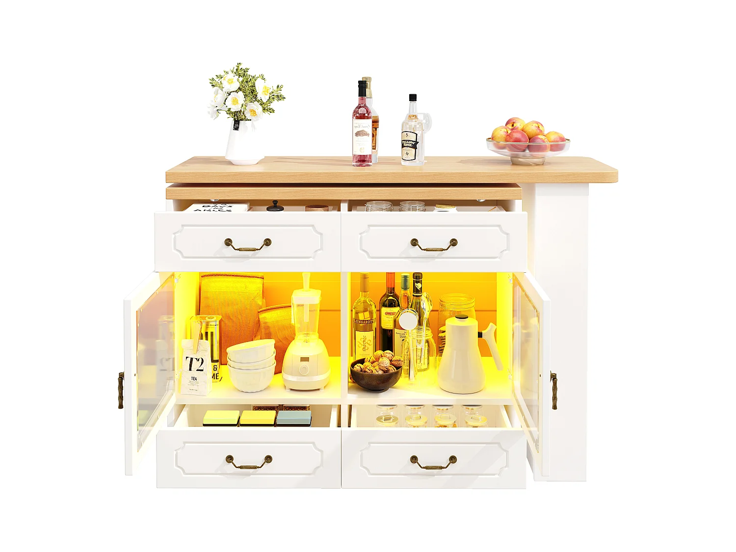 Rozkładana szafka barowa - 135/203 x 39 x 92,8 cm - obrotowy stół z diodami LED + 4 szuflady - MDF - biała