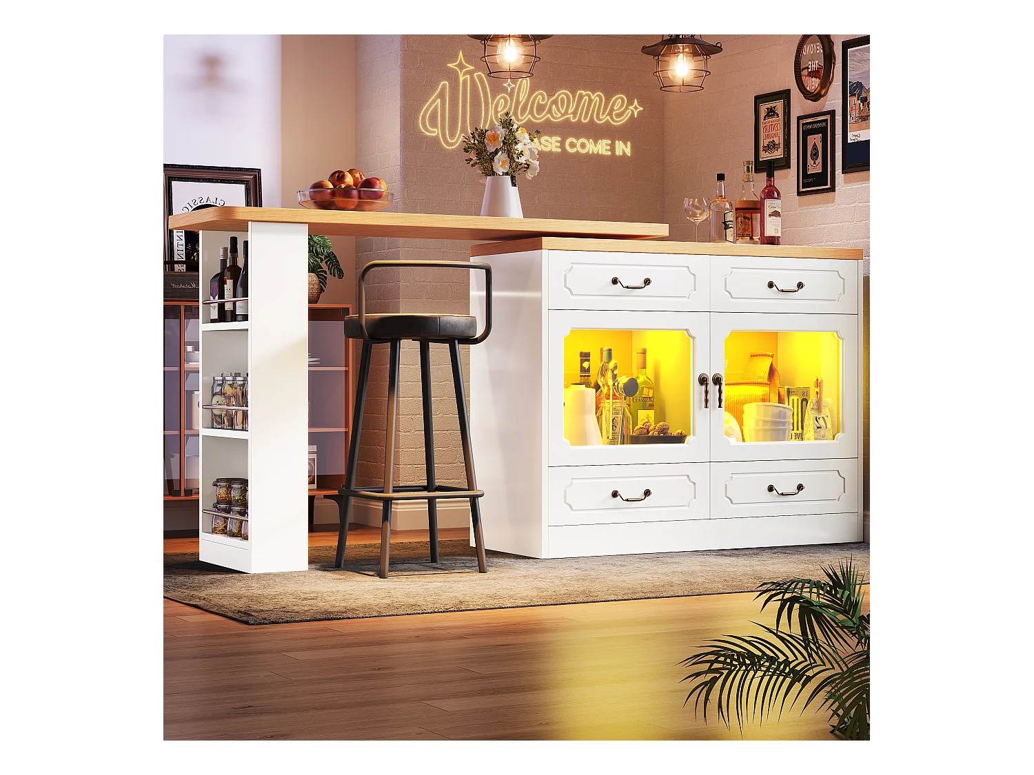 Rozkładana szafka barowa - 135/203 x 39 x 92,8 cm - obrotowy stół z diodami LED + 4 szuflady - MDF - biała