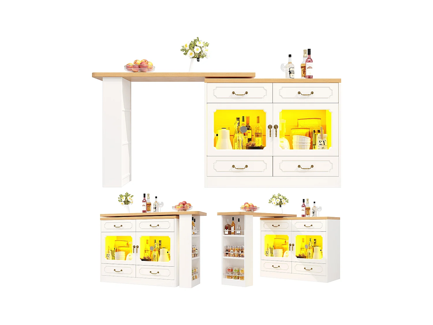 Rozkładana szafka barowa - 135/203 x 39 x 92,8 cm - obrotowy stół z diodami LED + 4 szuflady - MDF - biała