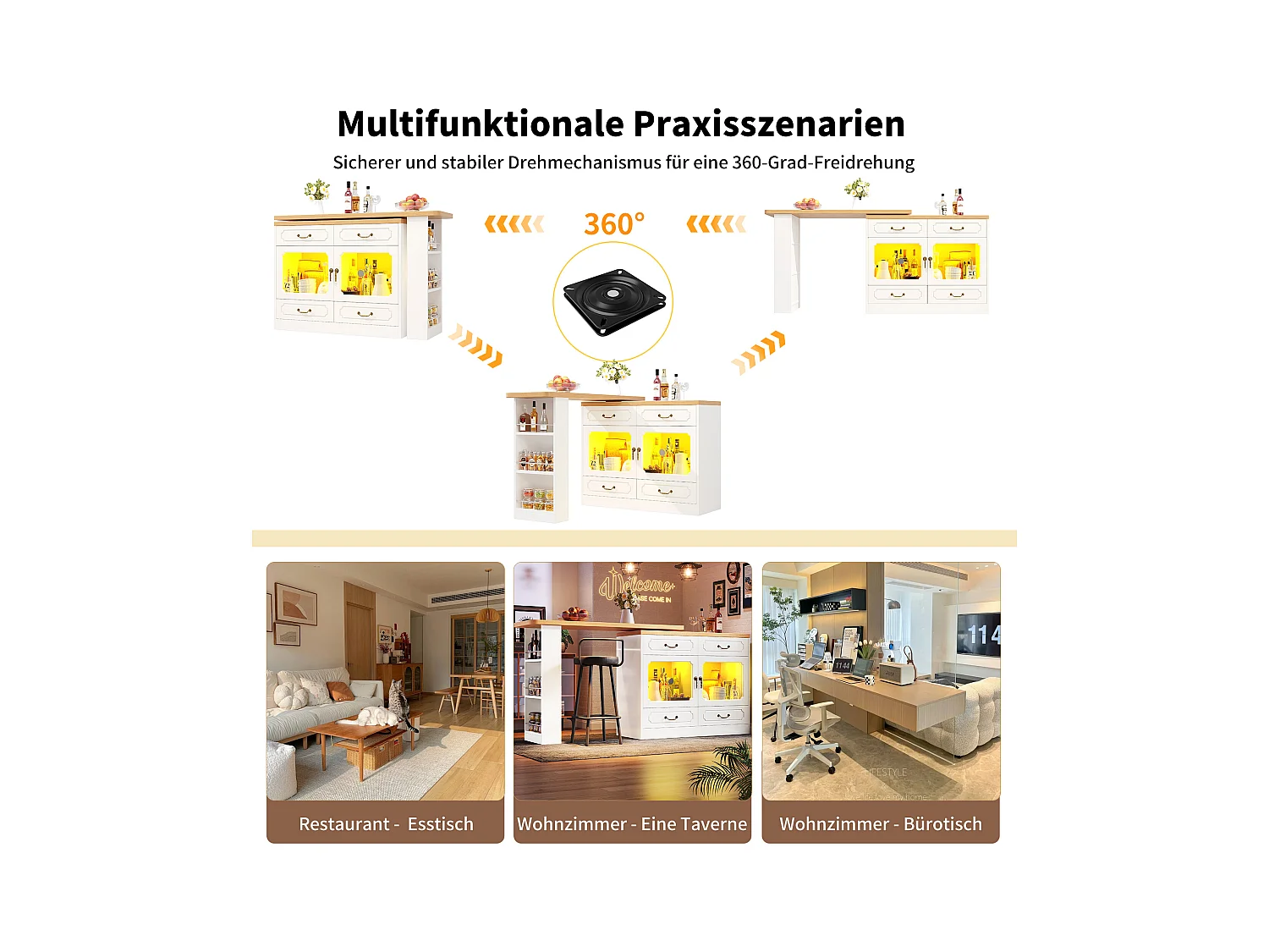 Rozkładana szafka barowa - 135/203 x 39 x 92,8 cm - obrotowy stół z diodami LED + 4 szuflady - MDF - biała