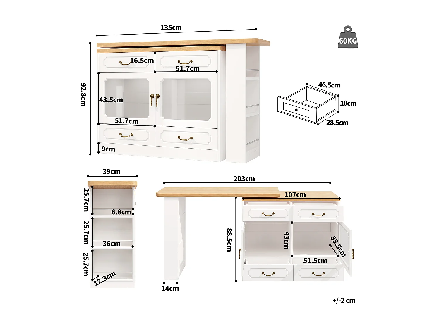 Rozkładana szafka barowa - 135/203 x 39 x 92,8 cm - obrotowy stół z diodami LED + 4 szuflady - MDF - biała