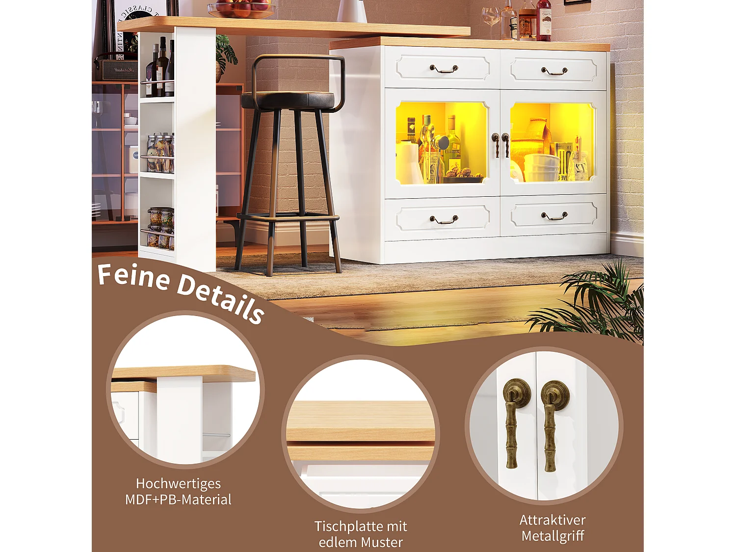 Rozkładana szafka barowa - 135/203 x 39 x 92,8 cm - obrotowy stół z diodami LED + 4 szuflady - MDF - biała