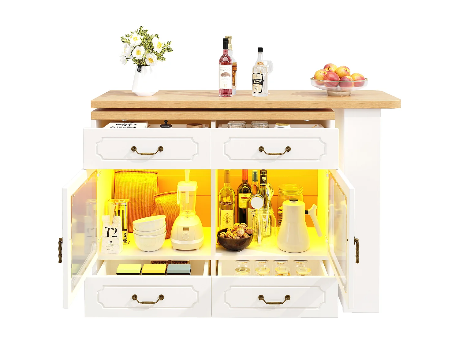 Rozkładana szafka barowa - 135/203 x 39 x 92,8 cm - obrotowy stół z diodami LED + 4 szuflady - MDF - biała