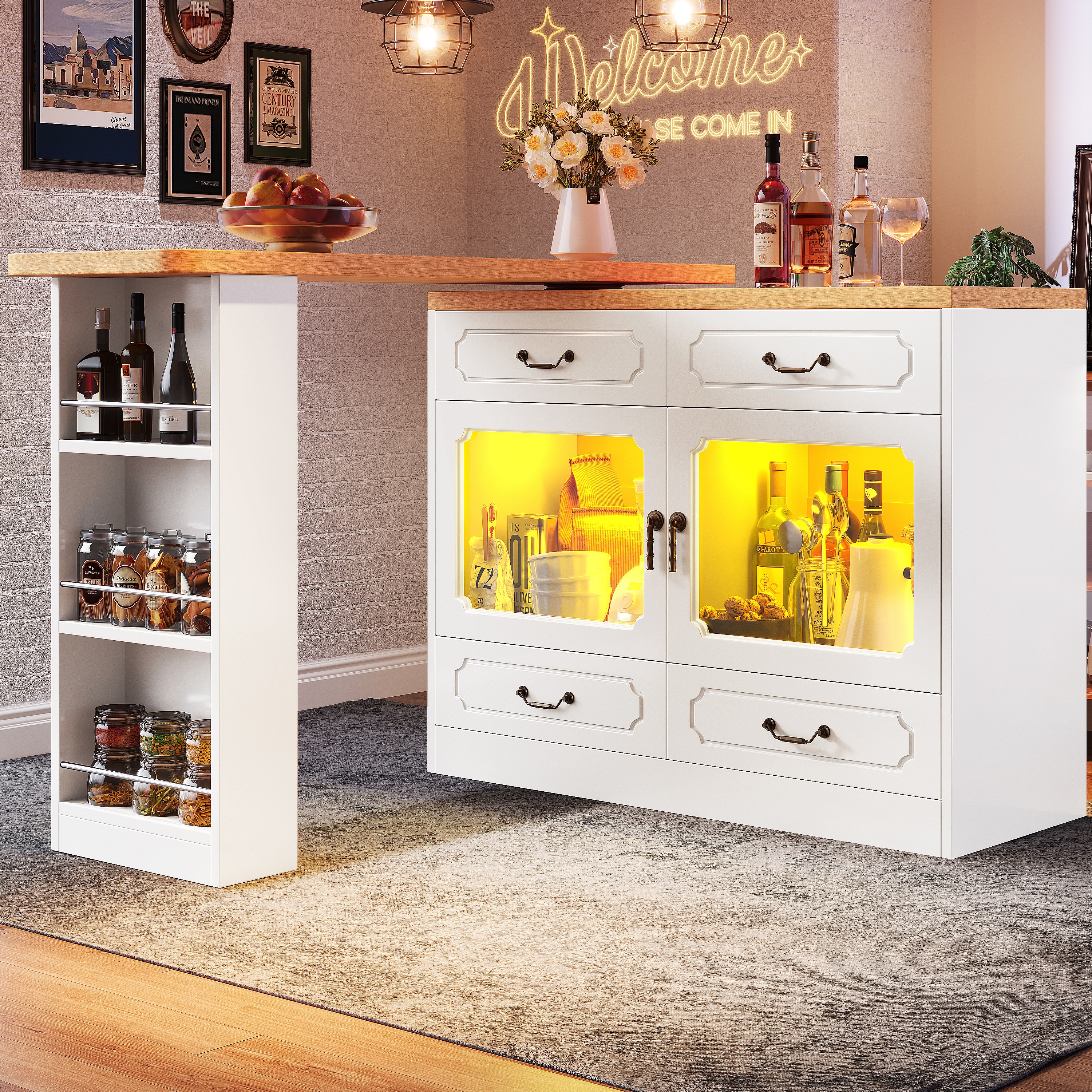 Table De Bar Extensible Avec LED Et Rotation 360° - 135 à 203 Cm, 4 Tiroirs, Capacité 60 Kg, Blanc - Pour Cuisine, Salon, Salle à Manger