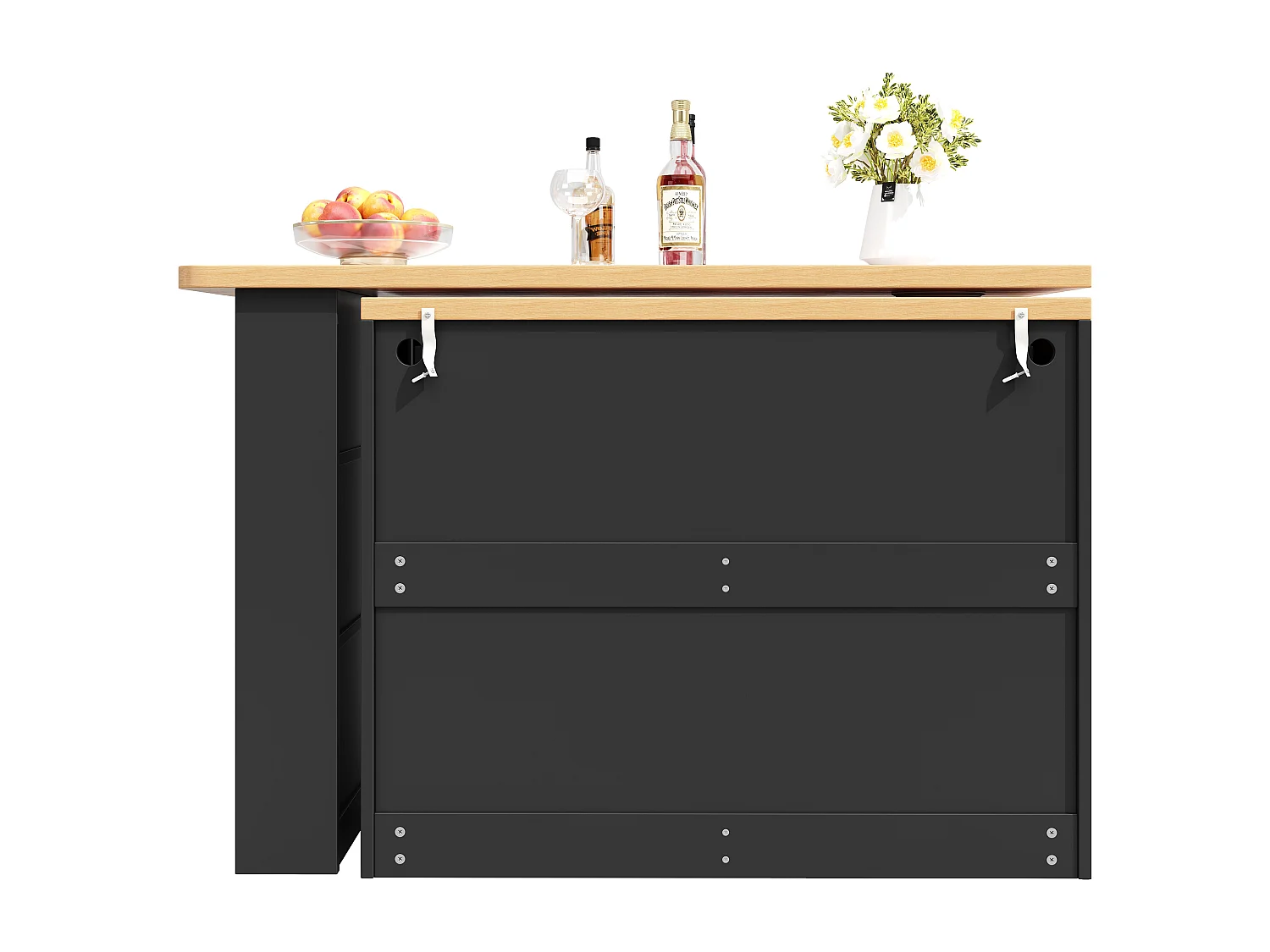 Meuble de bar extensible - 135/203 x 39 x 92.8 cm - table rotative avec Leds + 4 tiroirs - MDF - noir