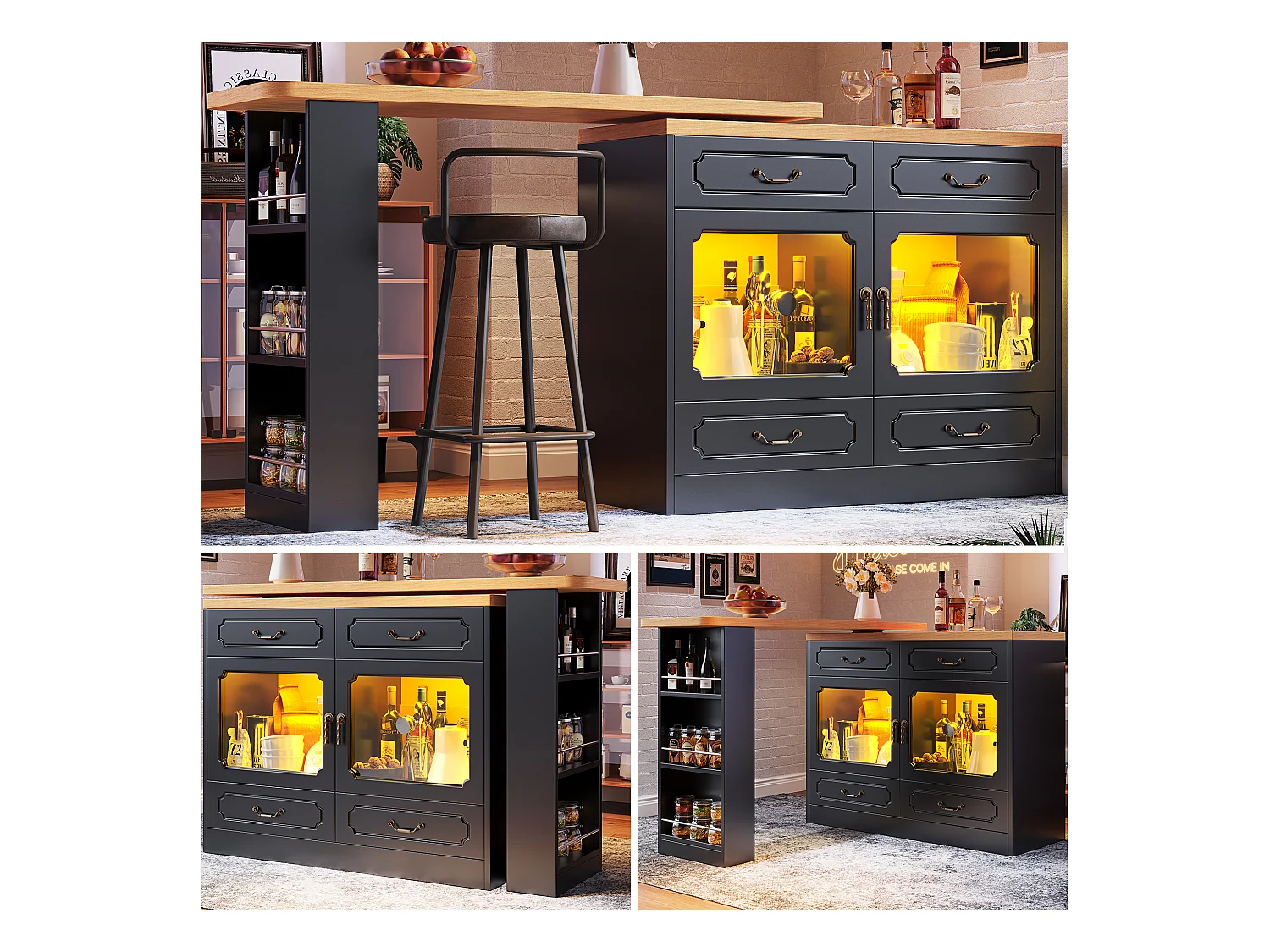 Ausziehbarer Barschrank - 135/203 x 39 x 92,8 cm - Drehtisch mit LEDs + 4 Schubladen - MDF - Schwarz