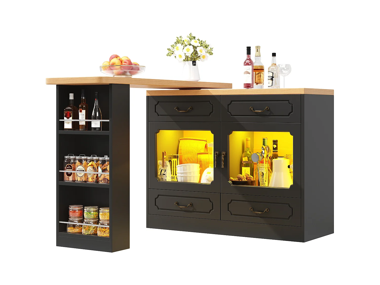 Meuble de bar extensible - 135/203 x 39 x 92.8 cm - table rotative avec Leds + 4 tiroirs - MDF - noir