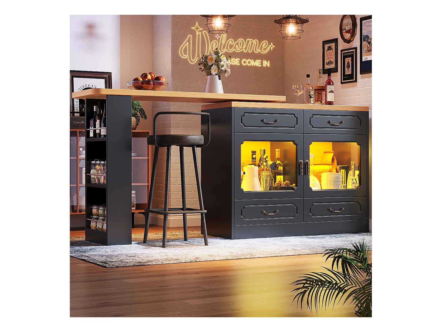 Meuble de bar extensible - 135/203 x 39 x 92.8 cm - table rotative avec Leds + 4 tiroirs - MDF - noir