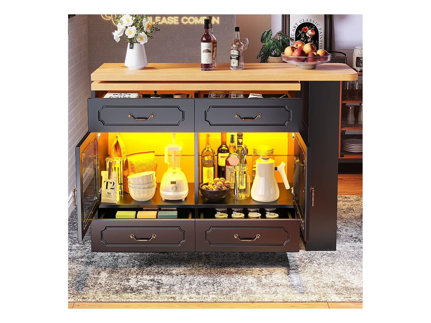 Meuble de bar extensible - 135/203 x 39 x 92.8 cm - table rotative avec Leds + 4 tiroirs - MDF - noir
