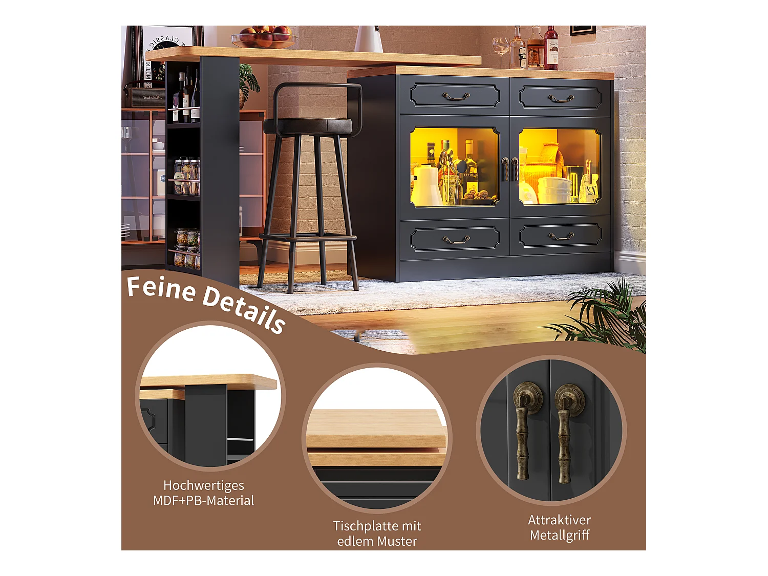 Meuble de bar extensible - 135/203 x 39 x 92.8 cm - table rotative avec Leds + 4 tiroirs - MDF - noir