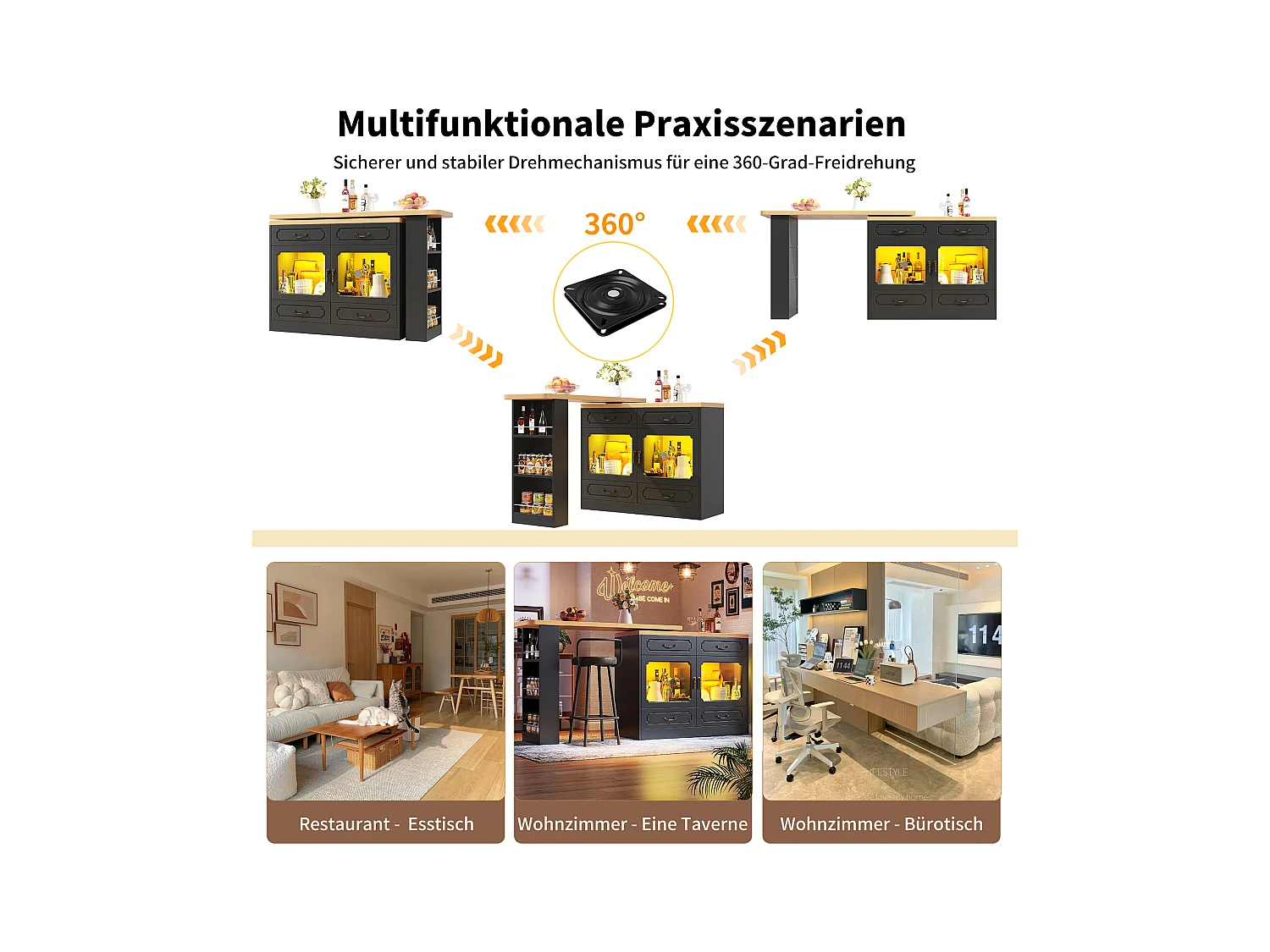 Meuble de bar extensible - 135/203 x 39 x 92.8 cm - table rotative avec Leds + 4 tiroirs - MDF - noir