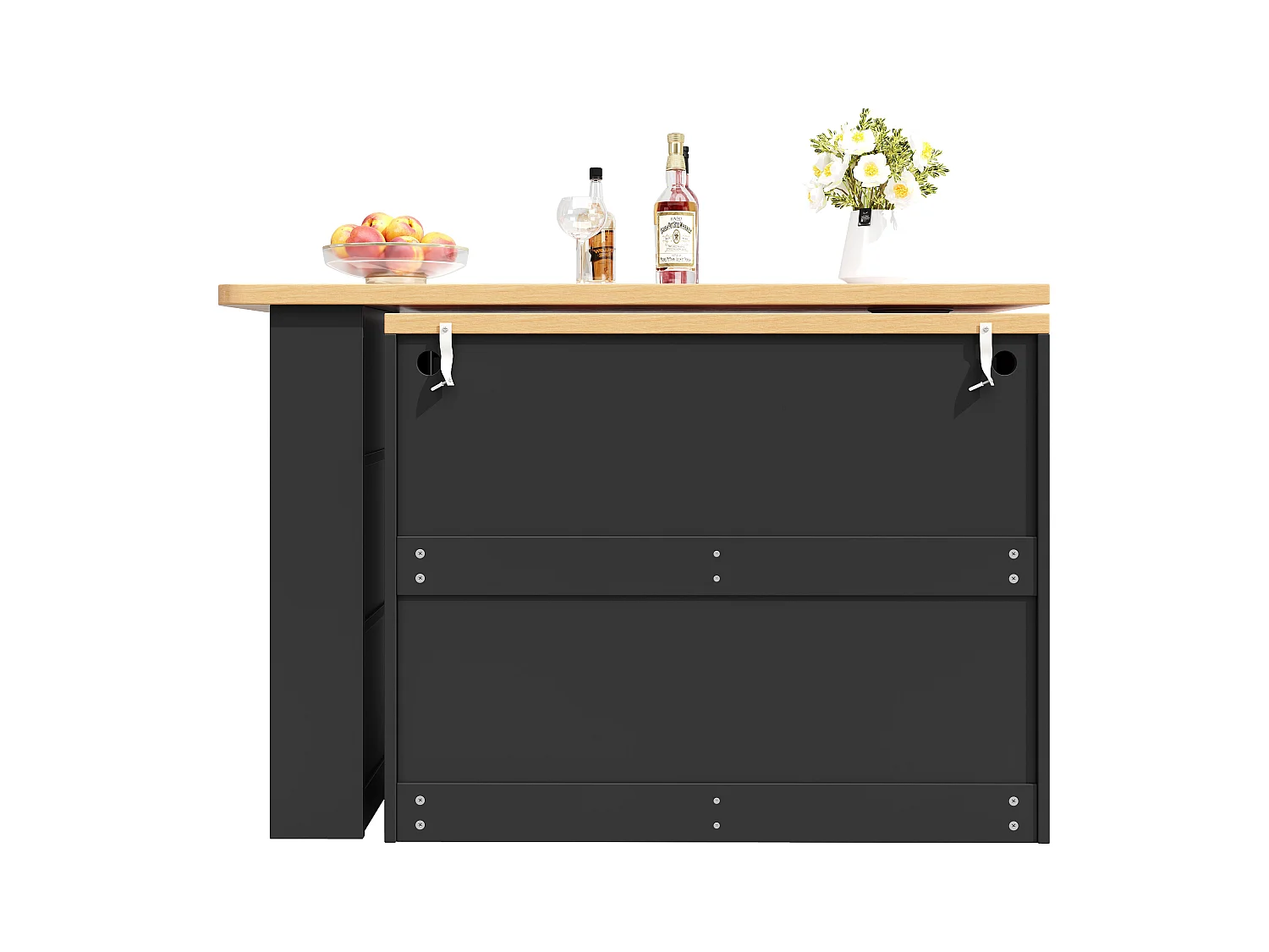Meuble de bar extensible - 135/203 x 39 x 92.8 cm - table rotative avec Leds + 4 tiroirs - MDF - noir