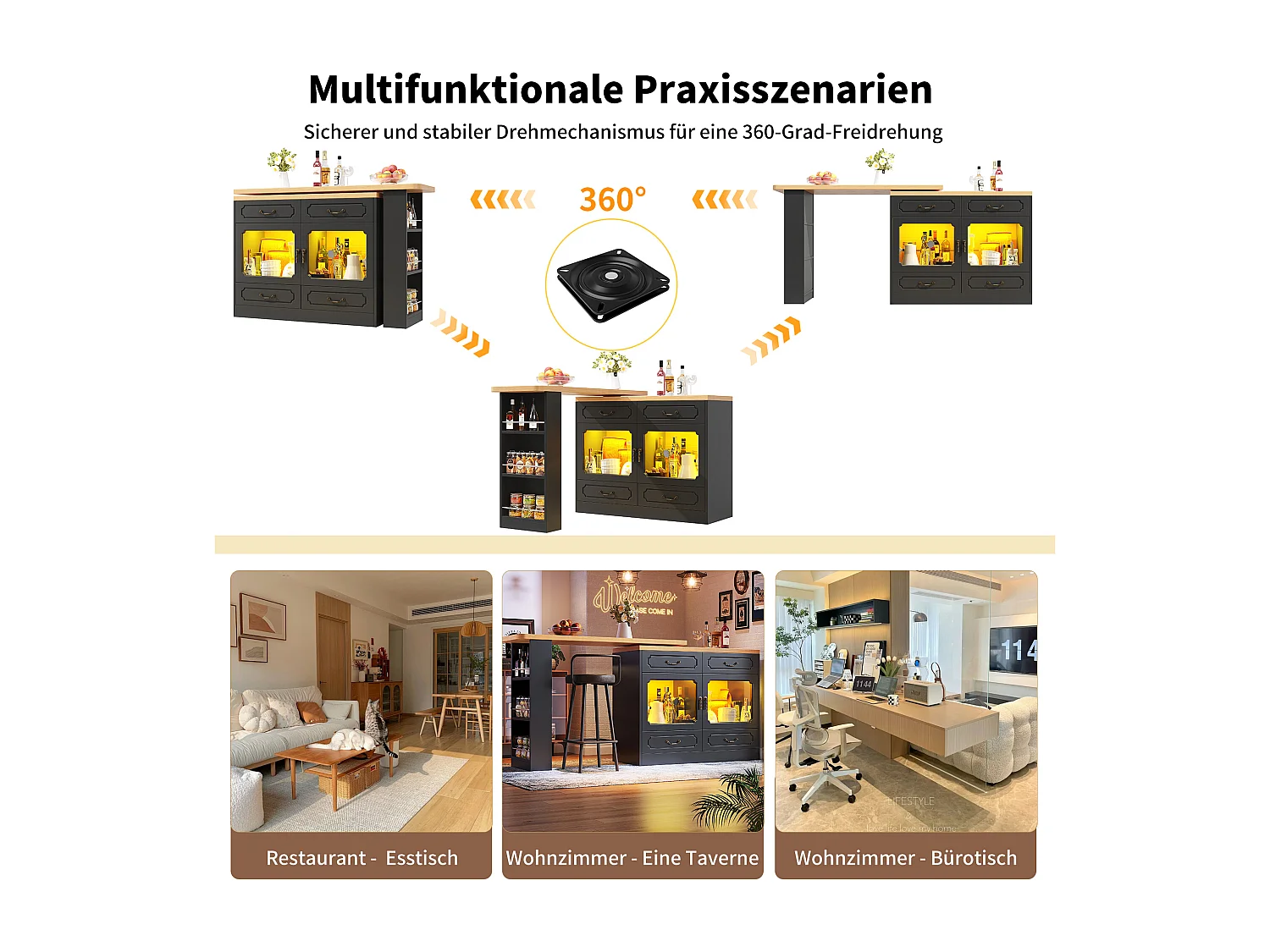 Rozkładana szafka barowa - 135/203 x 39 x 92,8 cm - obrotowy stół z diodami LED + 4 szuflady - MDF - czarny