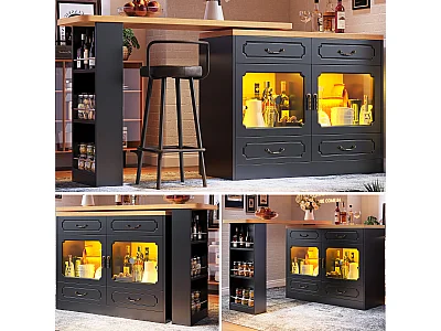 Utdragbart barskåp - 135/203 x 39 x 92,8 cm - roterande bord med LED-lampor + 4 lådor - MDF - svart