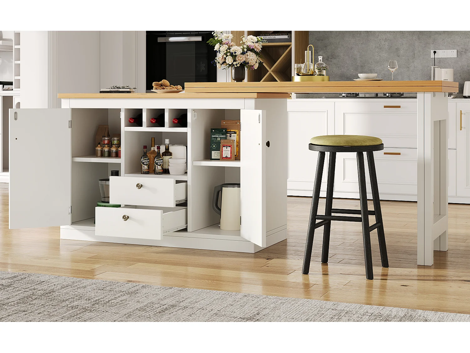 Mesa de bar extensível - 120/180 x 76 cm - com LEDs + 2 portas + 2 gavetas - rotação 360° - MDF - branco