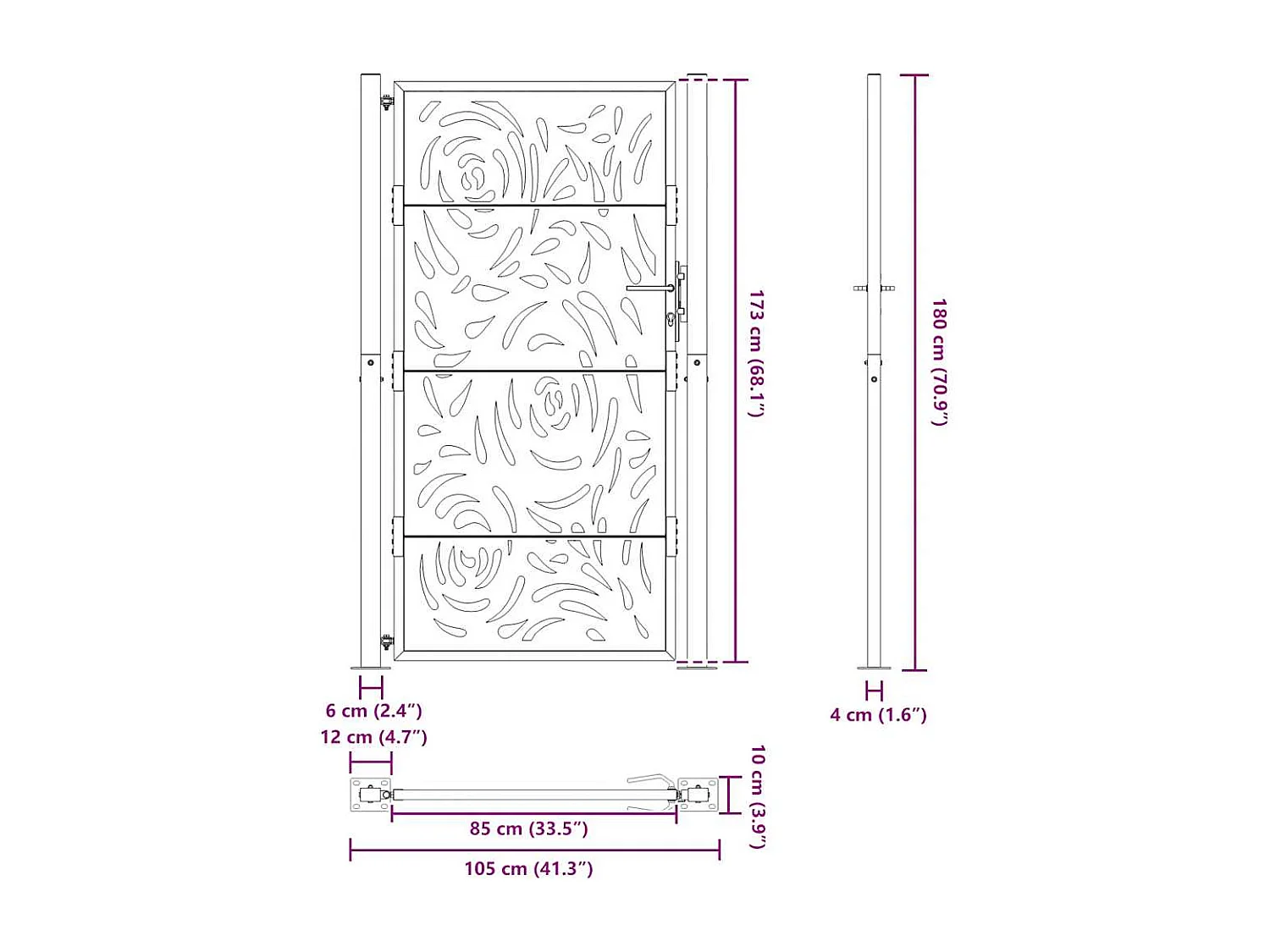 Cancello da giardino nero 105x180 cm in acciaio con motivo a fiamma