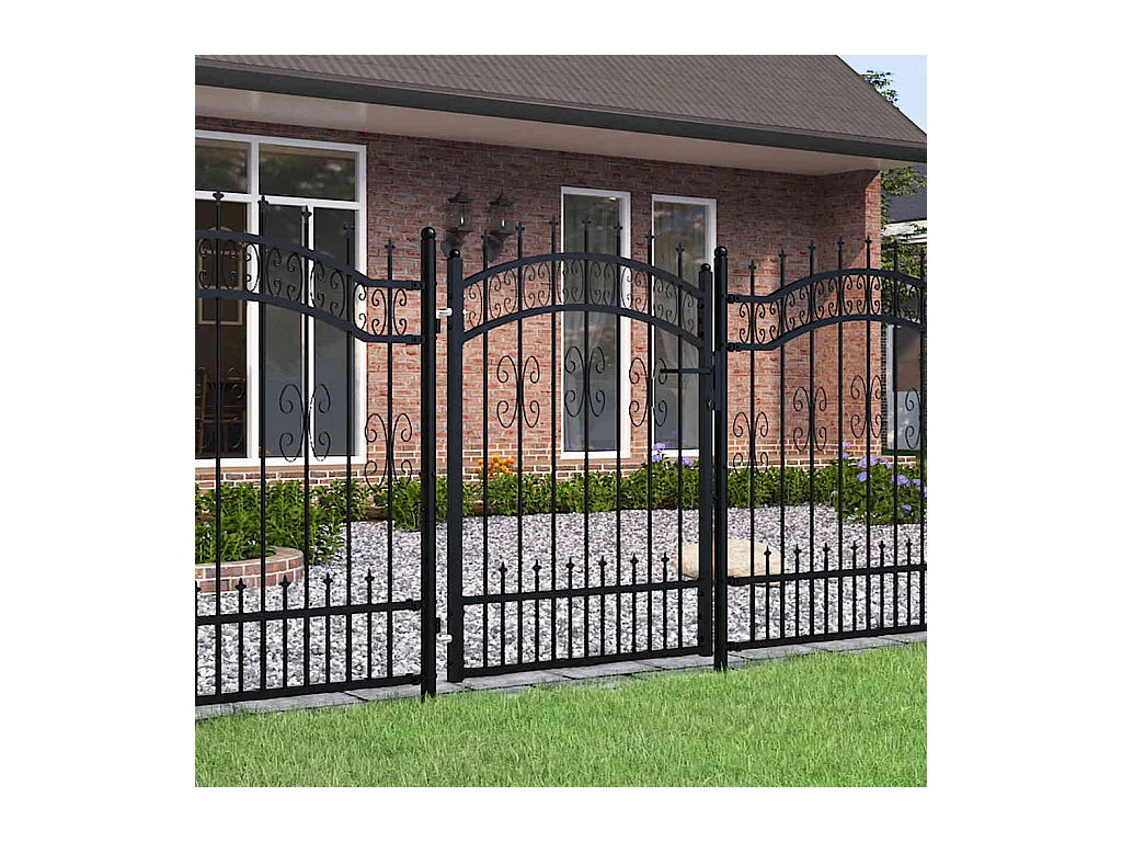 Puerta de valla con parte superior en forma de lanza, negra, 103 x 125 cm, acero con recubrimiento de polvo