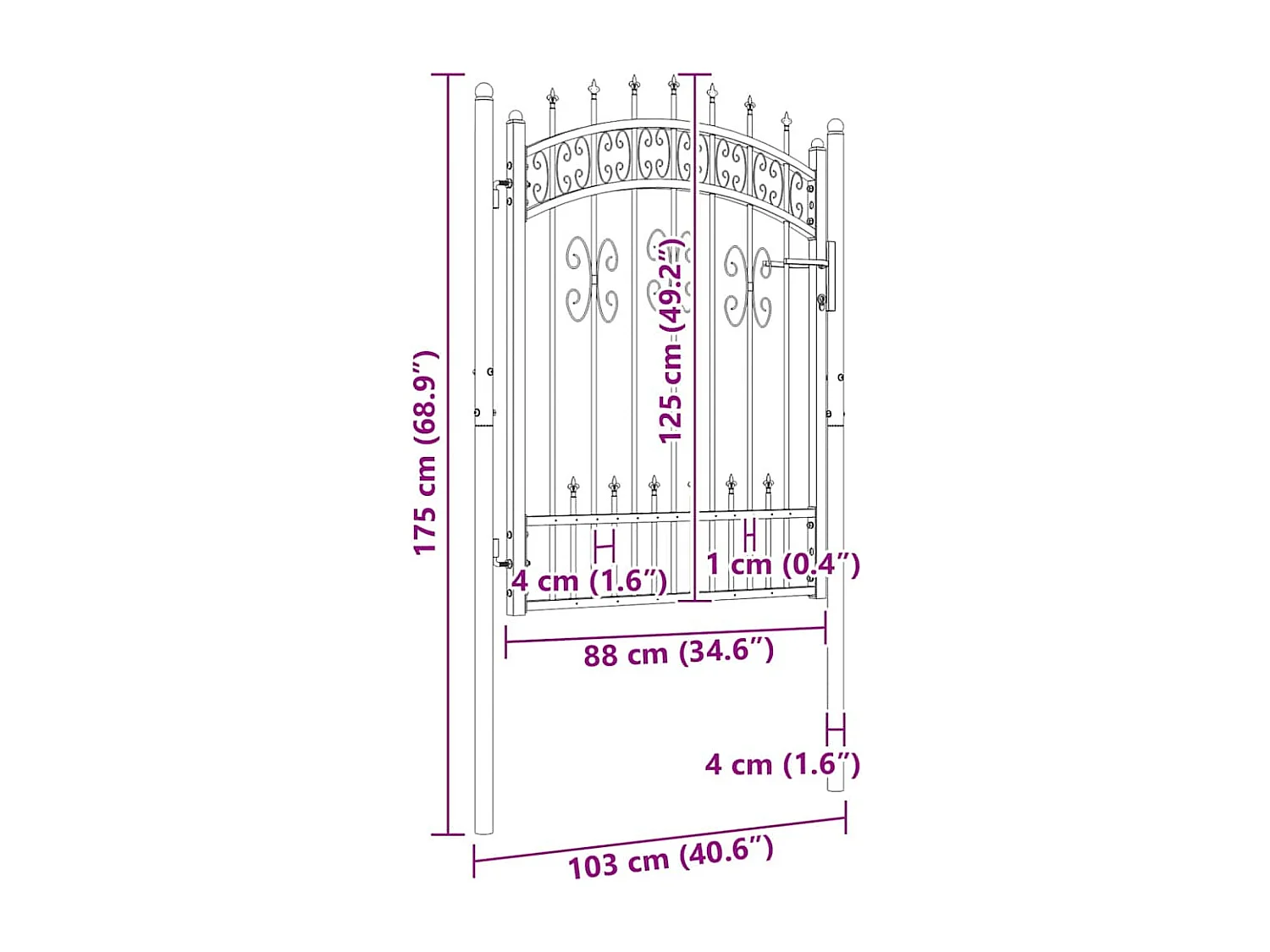 Puerta de valla con parte superior en forma de lanza, negra, 103 x 125 cm, acero con recubrimiento de polvo
