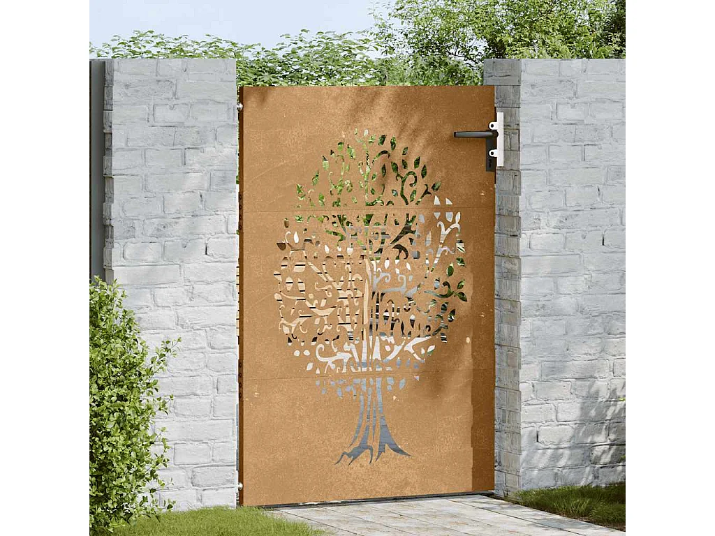 Puerta de jardín 85x125 cm de acero corten con diseño de árbol.