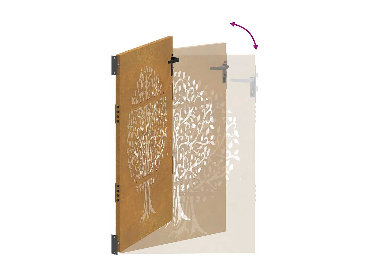 Puerta de jardín 85x125 cm de acero corten con diseño de árbol.