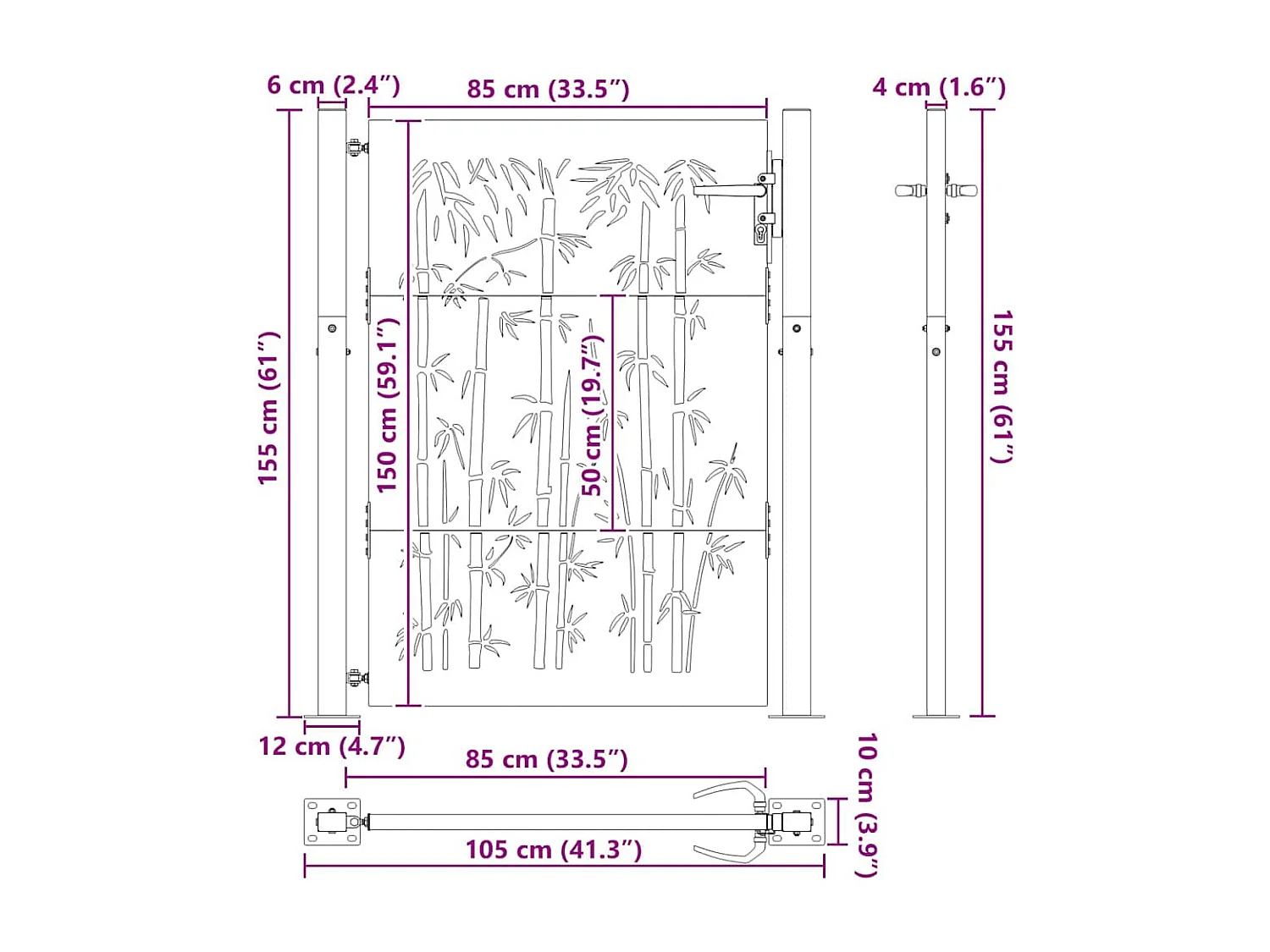 Porte de Jardin, Portail de Jardin 105x75 cm Design en Acier Corten et Bambou