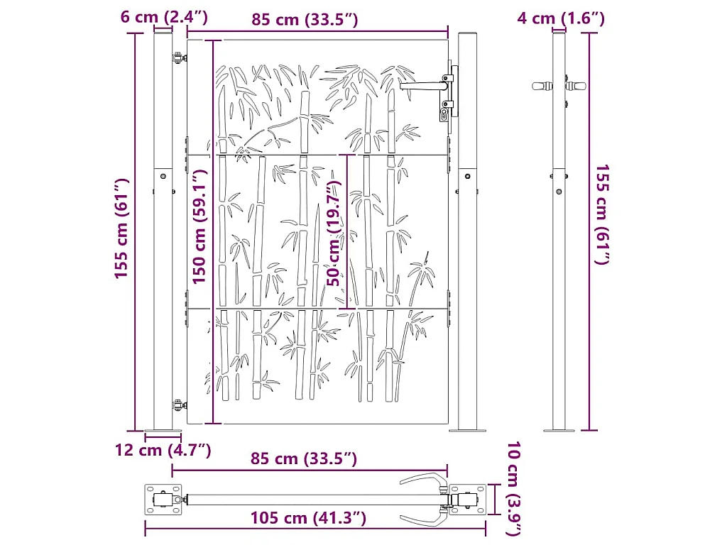 Porte de Jardin, Portail de Jardin 105x75 cm Design en Acier Corten et Bambou