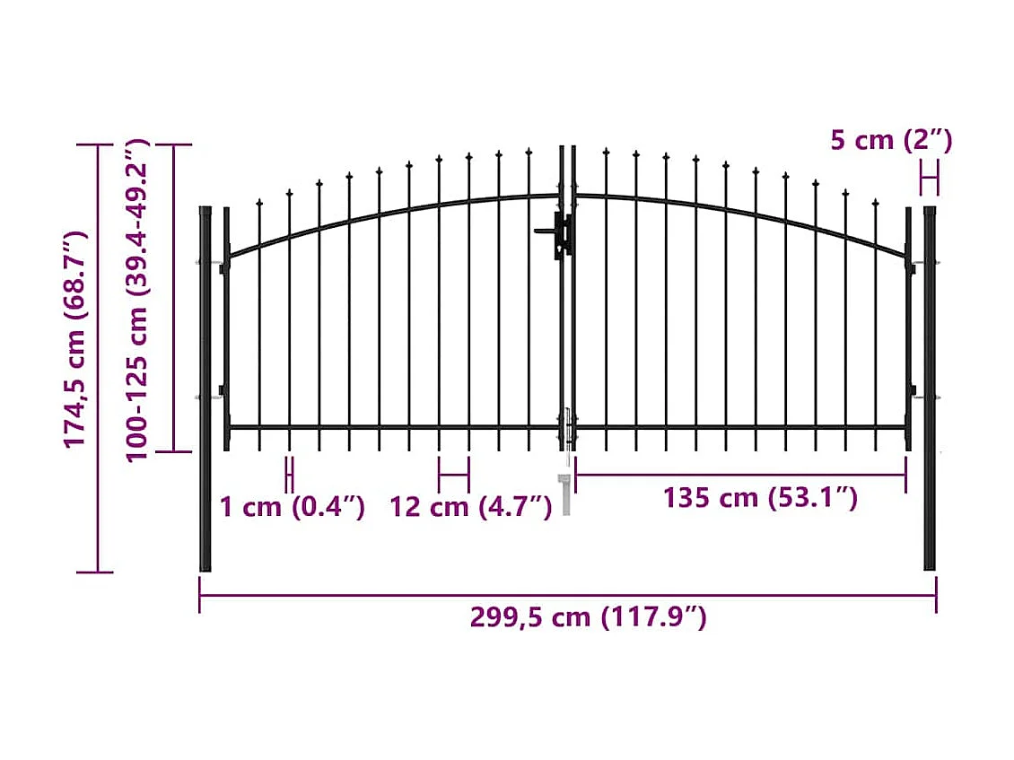 Cancello doppio con punta superiore Acciaio 3x1,25 m Nero
