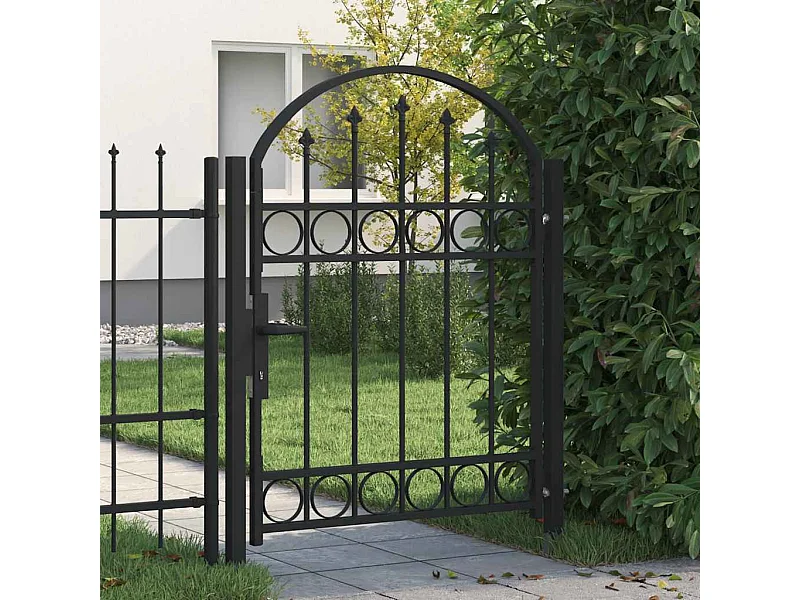Puerta de valla con arco superior de acero 104 x 125 cm Color negro