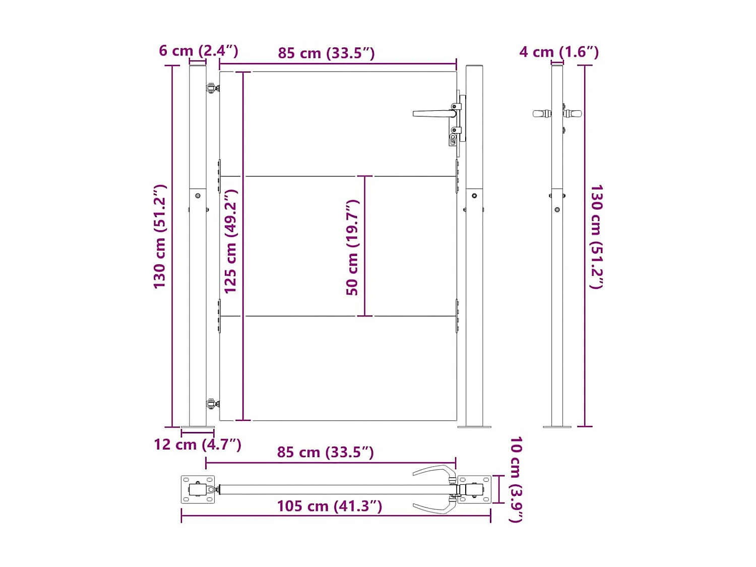 Schwarzes Gartentor 105 x 125 cm, pulverbeschichteter Stahl