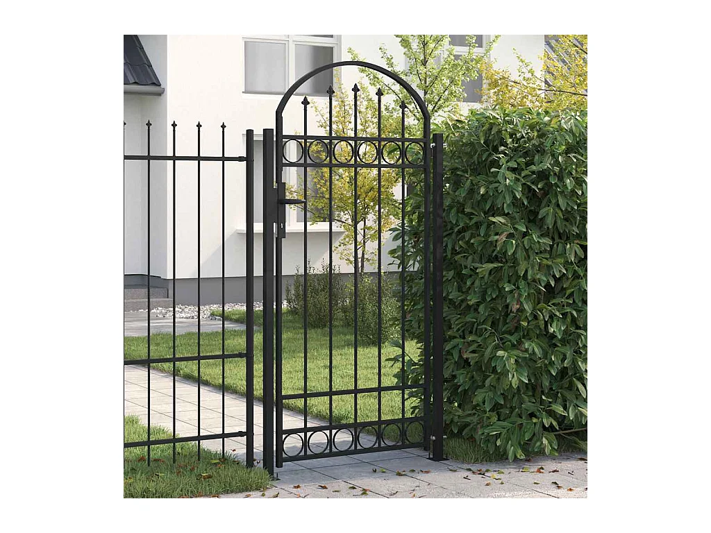 Cancello per recinzione ad arco con 2 pali 105x204 cm nero