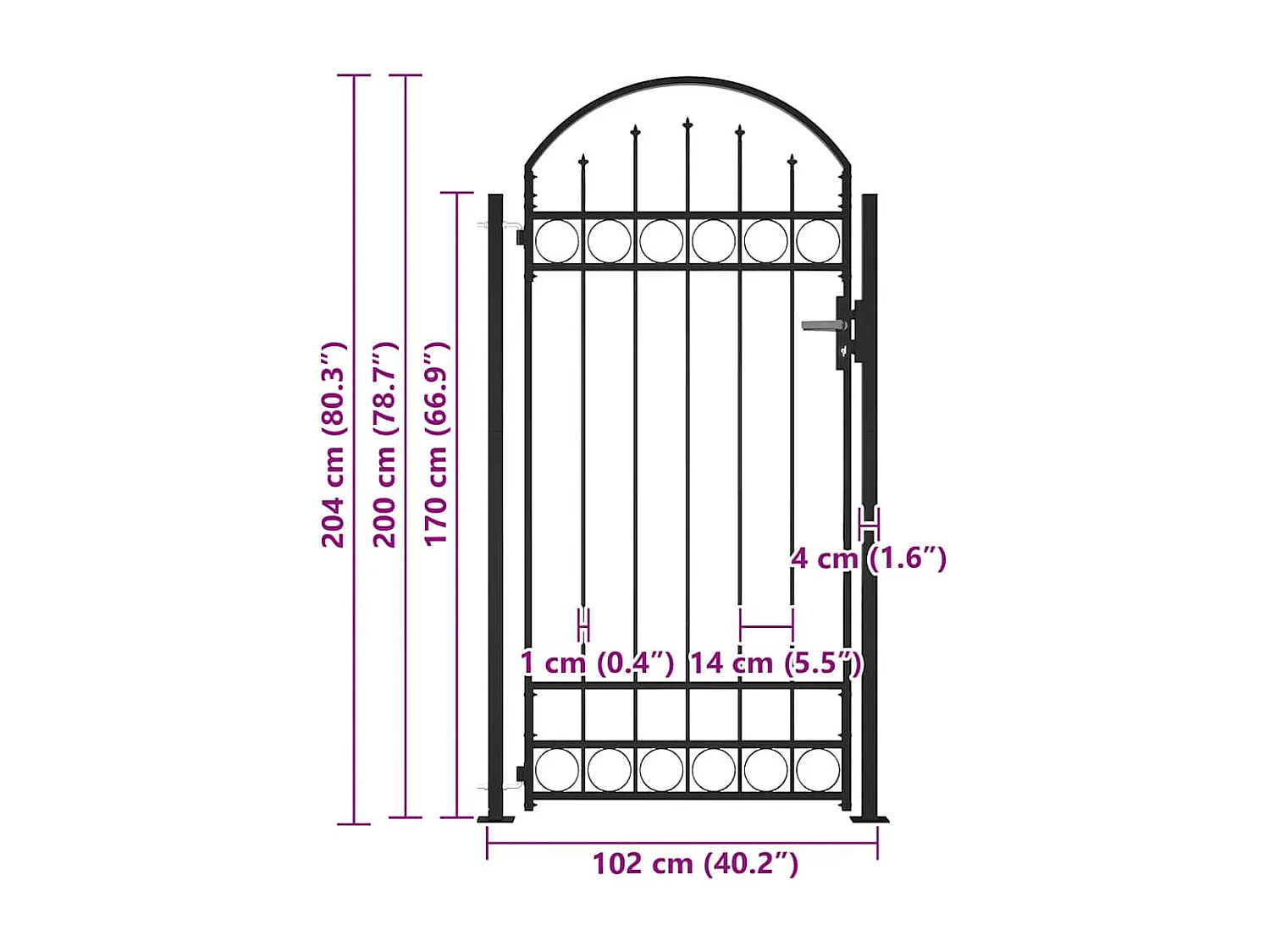 Portail de clôture à dessus arqué et 2 poteaux 105x204 cm Noir