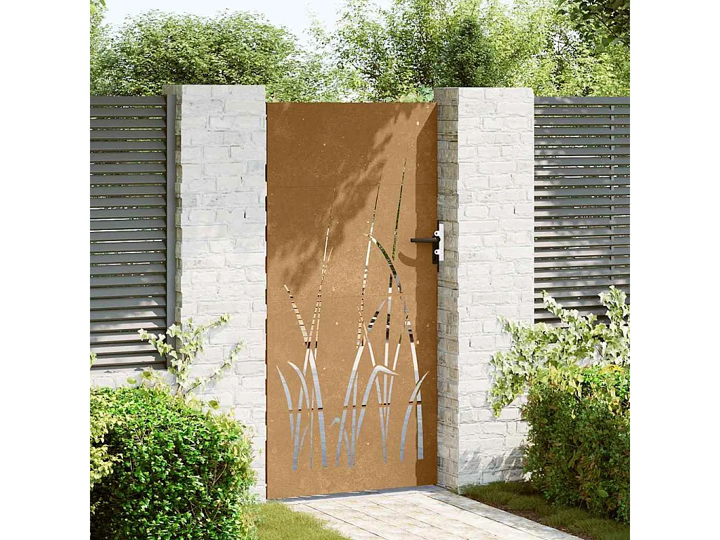 Puerta de jardín 85x200 cm de acero corten con diseño de césped.