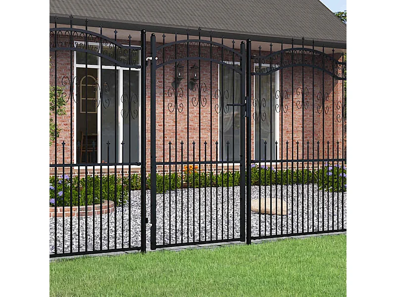 Puerta de valla con parte superior en forma de lanza, negra, 103 x 175 cm, acero con recubrimiento de polvo