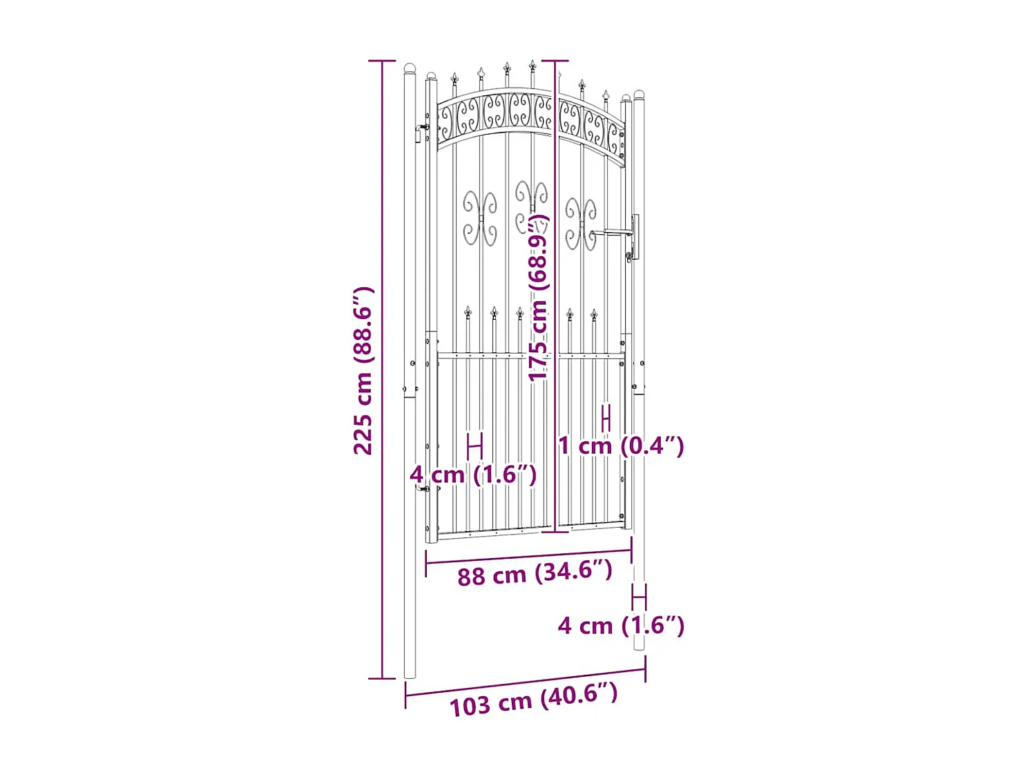 Cancello per recinzione con parte superiore a forma di lancia, nero, 103 x 175 cm, acciaio verniciato a polvere