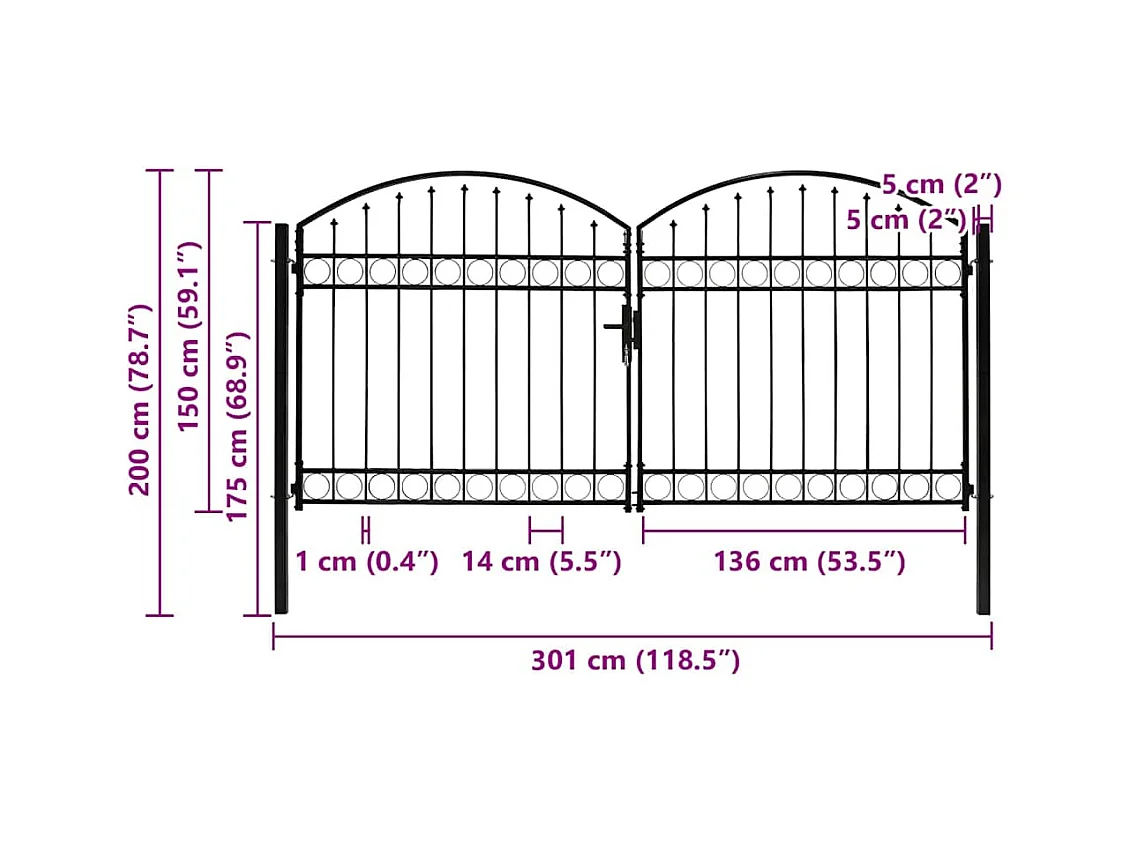 Cancello doppio con parte superiore ad arco Acciaio 300x150 cm Nero