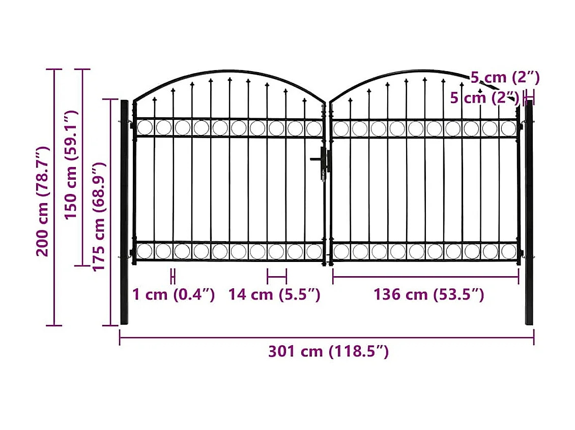 Portillon double porte avec dessus arqué Acier 300x150 cm Noir