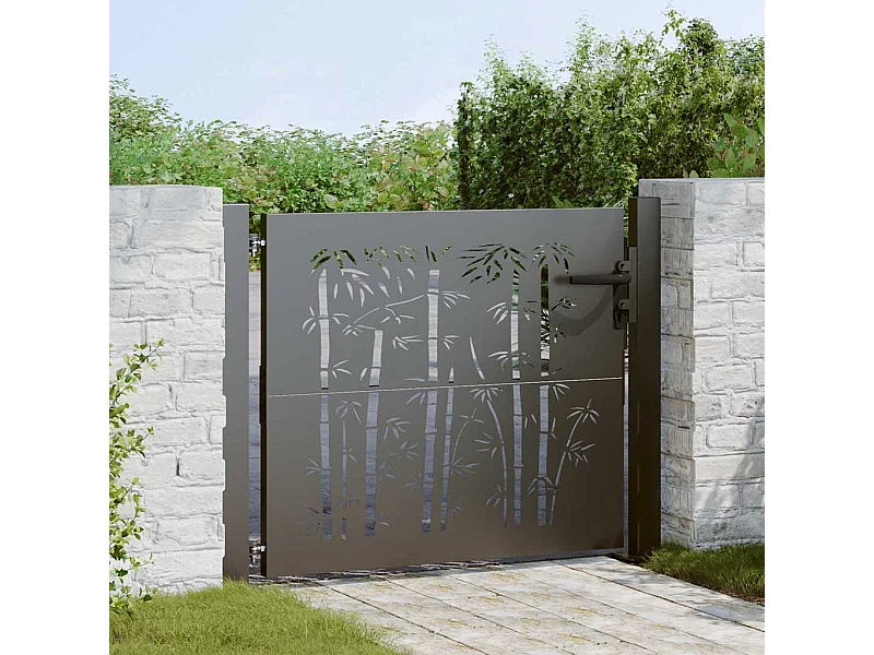 Porte de Jardin, Portail de Jardin 105x75 cm Design en Acier Corten et Bambou