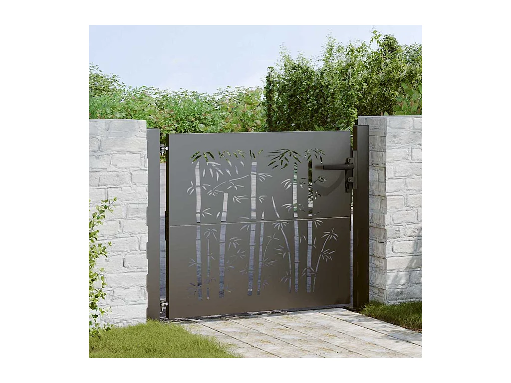 Porte de Jardin, Portail de Jardin 105x75 cm Design en Acier Corten et Bambou