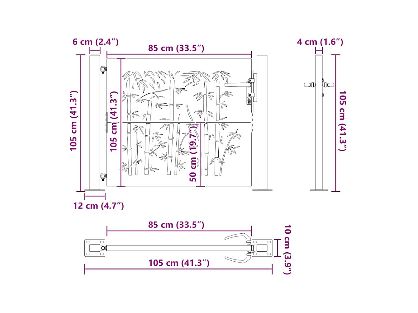Porte de Jardin, Portail de Jardin 105x75 cm Design en Acier Corten et Bambou