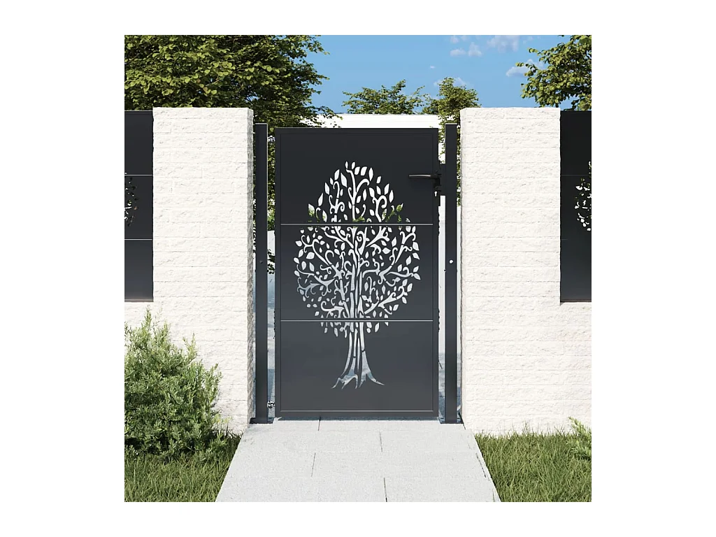 Portail de jardin anthracite 105x130cm acier conception d'arbre