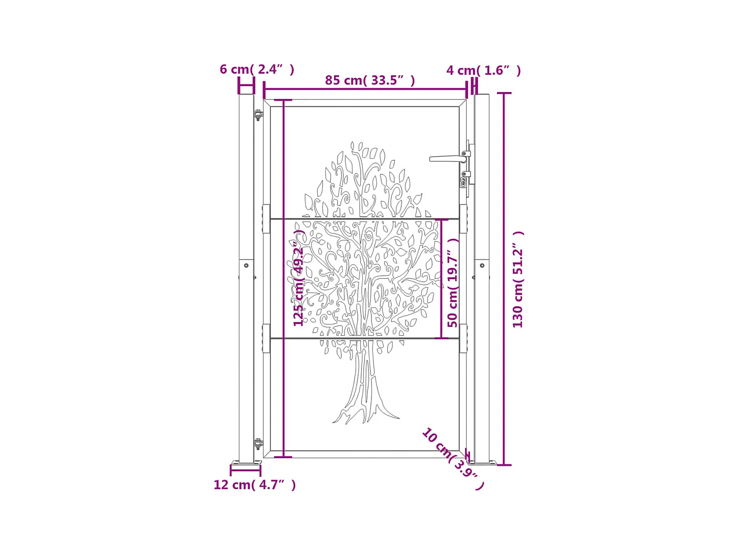 Portail de jardin anthracite 105x130cm acier conception d'arbre