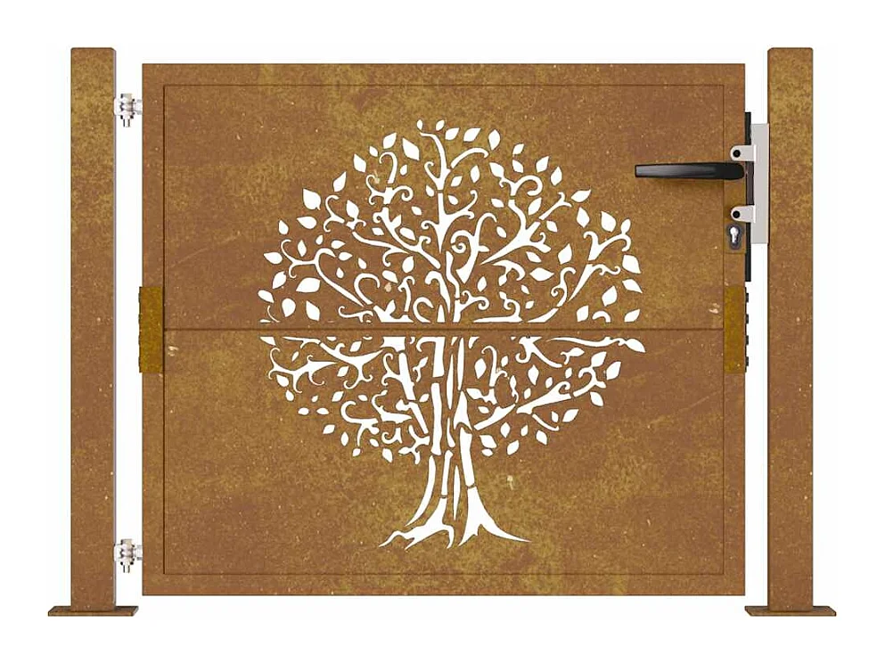 Puerta de jardín 105x80 cm de acero corten con diseño de árbol.
