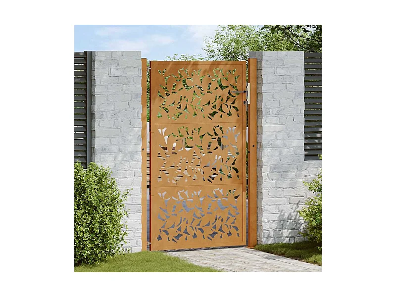 Puerta de jardín de acero resistente a la intemperie con diseño de hojas.