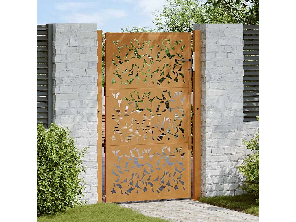 Puerta de jardín de acero resistente a la intemperie con diseño de hojas.