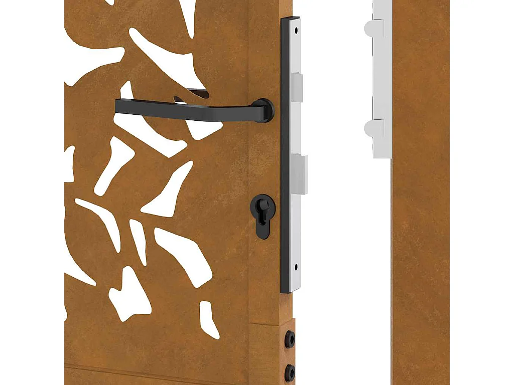 Puerta de jardín de acero resistente a la intemperie con diseño de hojas.