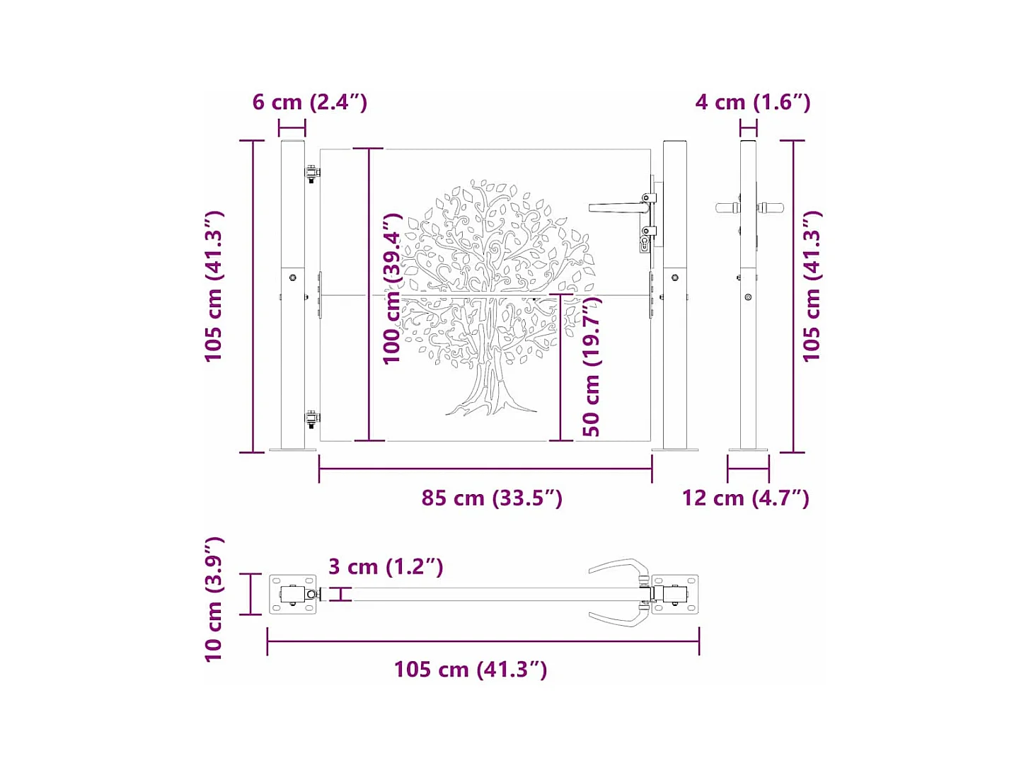 Zwarte tuinpoort 105 x 100 cm gepoedercoat staal