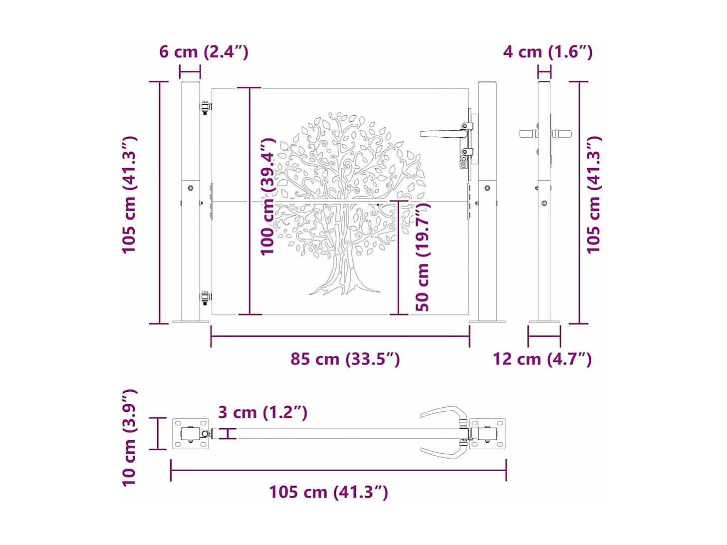 Puerta de jardín negra de 105 x 100 cm de acero con recubrimiento en polvo